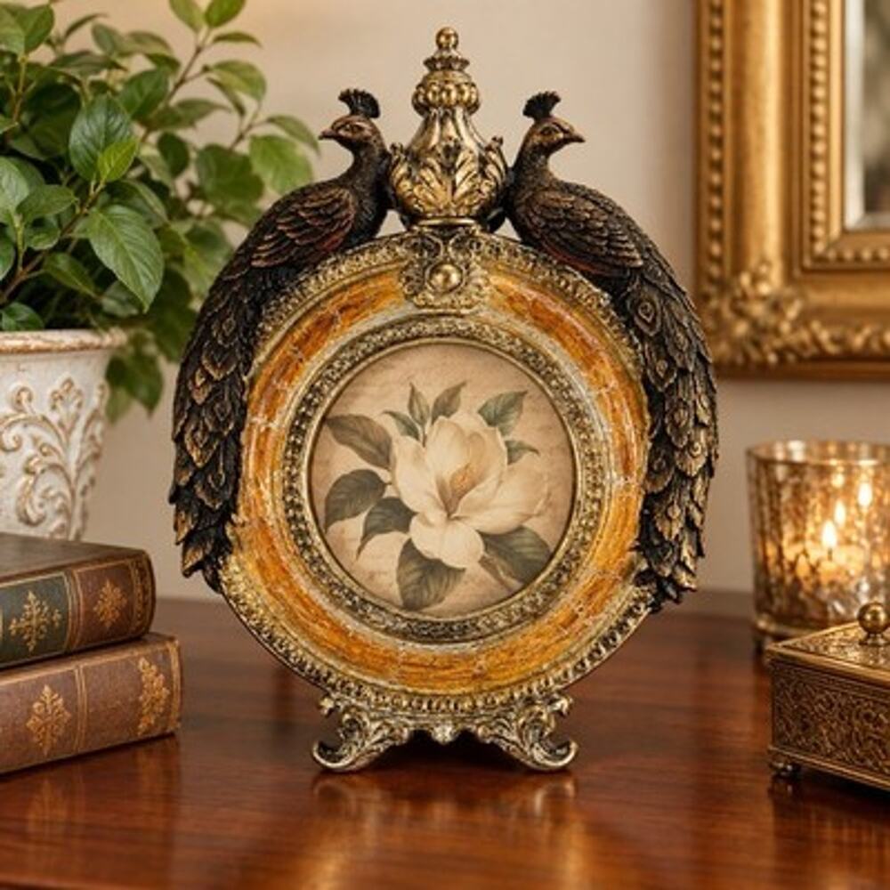 Ornate Peacock Picture Frame Gold Bronze Round Photo Easel Back 9.5” (#2)